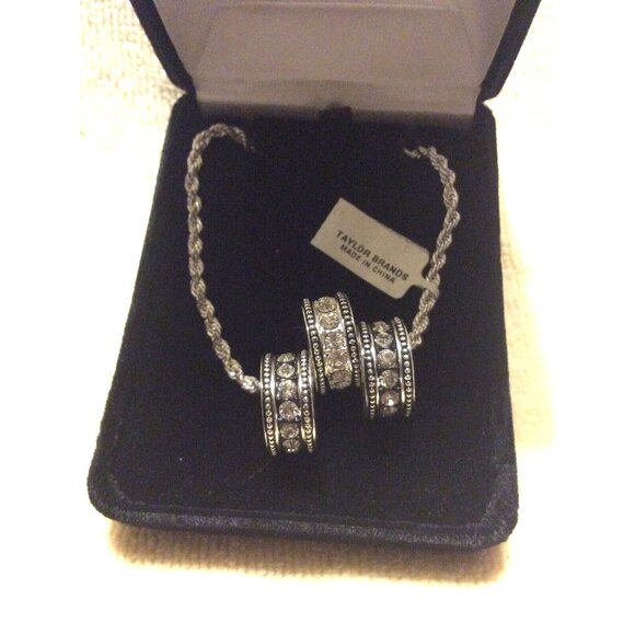 Taylor Jewelry - Taylor Brands Cubic Zirconia Triple Ring Clear Rhinestones Necklace  w/ Gift Box